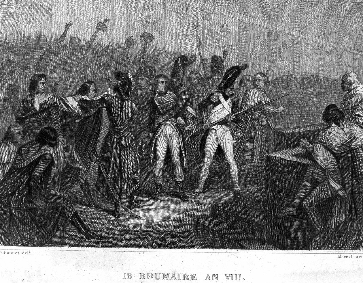 Napoleon Bonapartes statskupp den 18 Brumaire år VIII (1799) i Hall of the Council of Five Cents (Five Cents) (Room of 500) of Saint Cloud - i "" Revolution francaise"" av Thiers. 1800-talet av French School