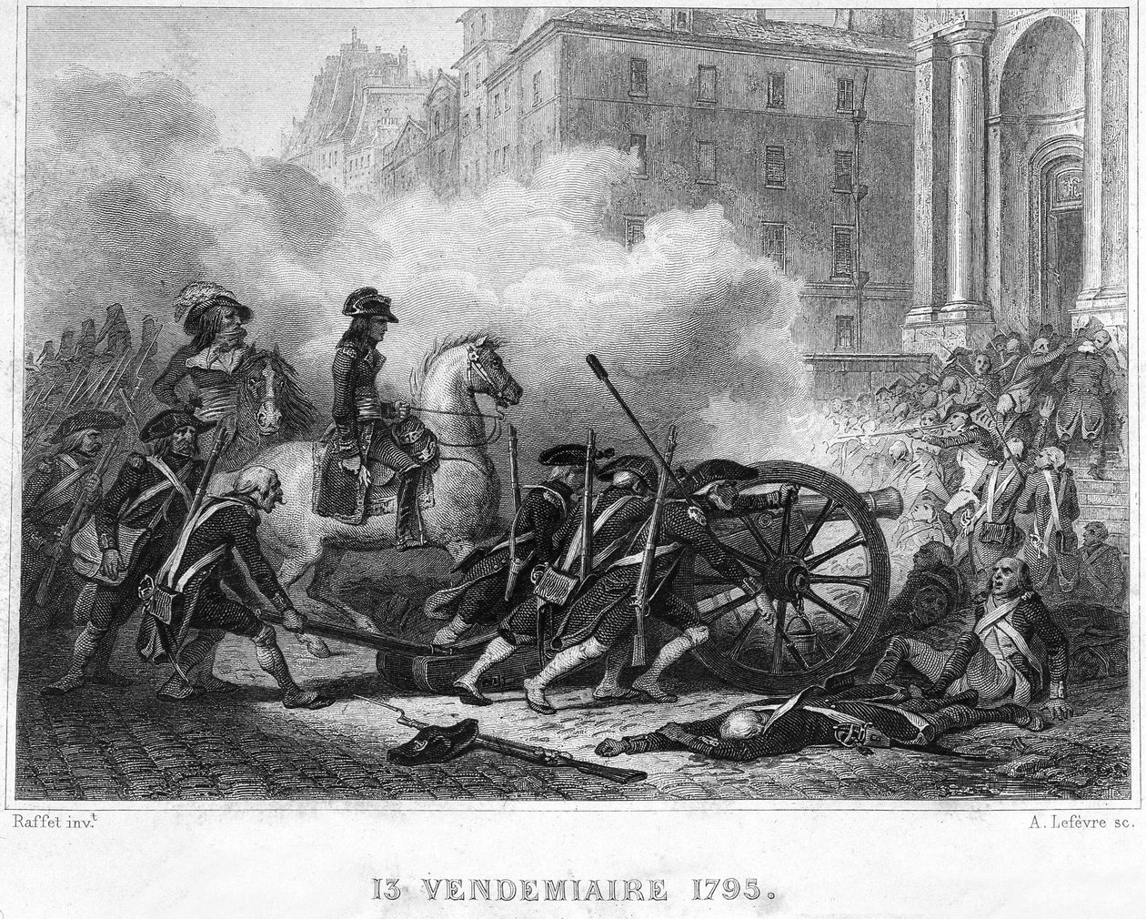 Napoleon krossar det kungliga upproret - Napoleon Bonaparte (till häst) beordrade revolutionära trupper i gatustrider den 13 Vendemiaire (5 oktober) - 13 Vendemiaire 1795 (Royalistupproret den 5 oktober 1795): Bonaparte återtog ordern genom shoo av French School