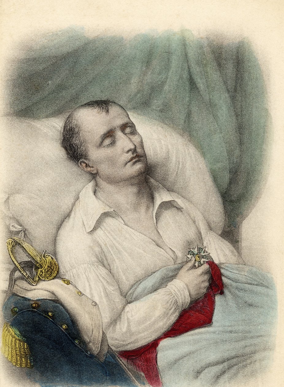 Napoleon I på sin dödsbädd håller Hederslegionens kors mot sitt hjärta, St. Helena, 1821 (färg litho) av French School