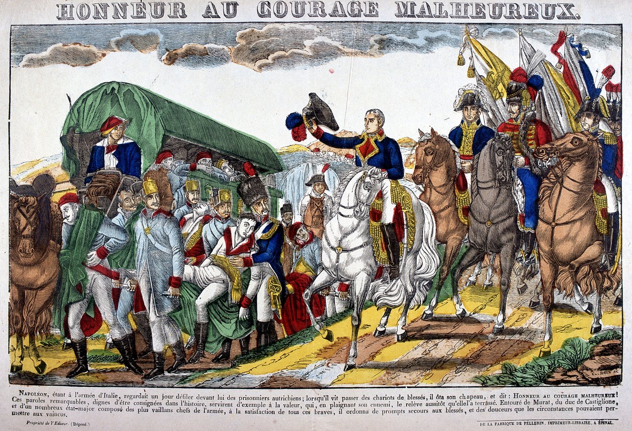 Napoleon I tar av sig hatten som en konvoj av sårade och utropar "Ära åt olyckligt mod!" Bild på Epinal av French School