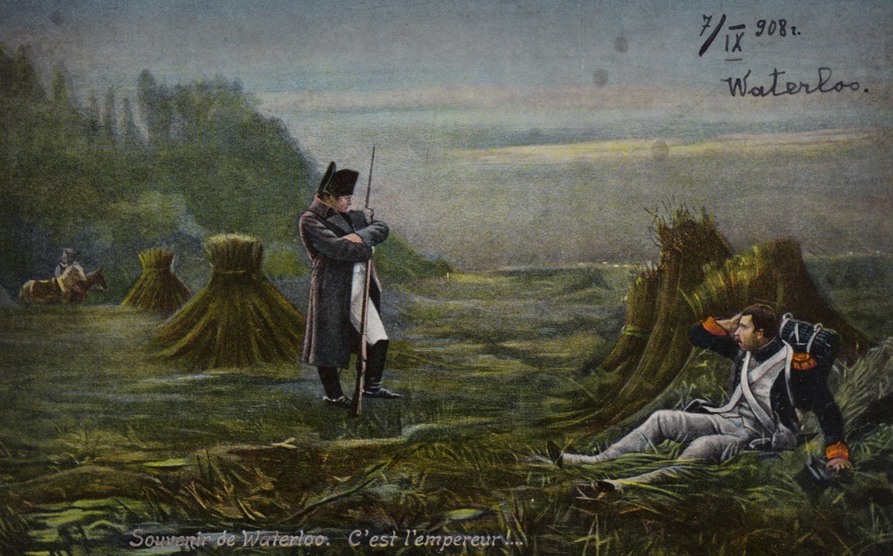 Napoleon vid Waterloo (färglitografi) av French School