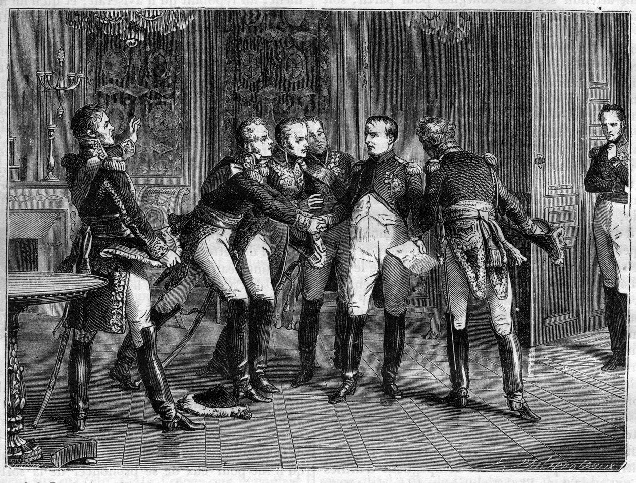 Napoleon berättar för sina marskalker om sitt beslut att abdikera, 6 april 1814 - Napoleon I tillkännager sin abdikation till marekalerna den 6 april 1814 - i "Histoire de l