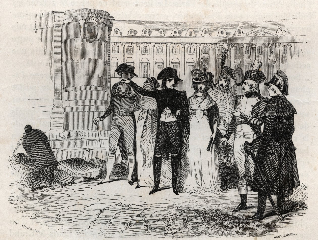 Napoleon går med Madame Tallien, född theresa Cabarrus, prinsessan av Caraman, prinsessan av Caraman Chimay (1773 - 1835) Place Vendome i Paris - gravyr i "Les rues de Paris". Gamla och moderna Paris: ursprung, historia, monument, kostymer, moral, chroni av French School