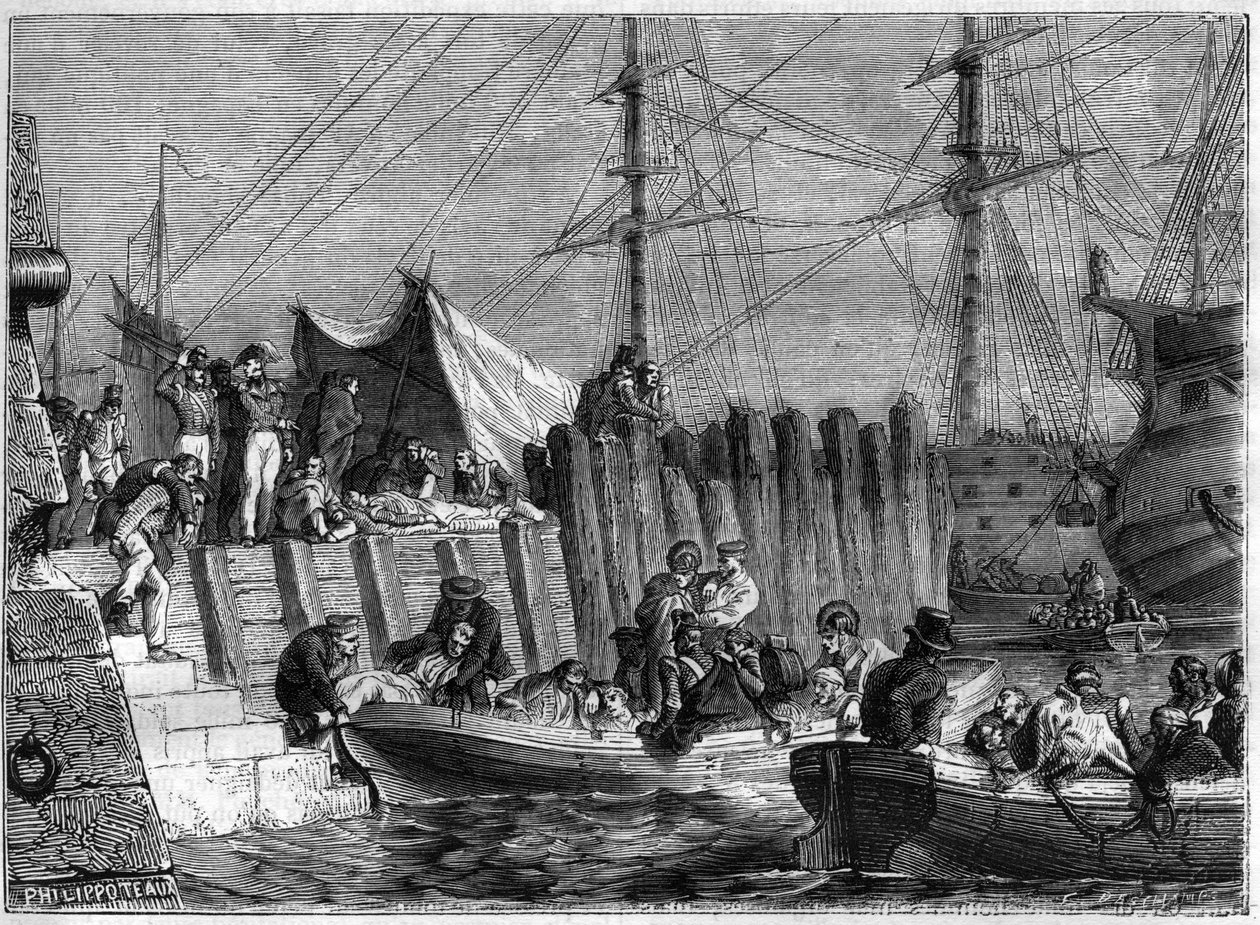 Napoleonkrigen - Den engelska armén lämnar Walcheren Island 1809 - Engelsmännen överger ön Walcheren i Nederländerna 1809 - i "History of the empire following the history of the consulat" av Adolphe Thiers - 1879 - privat samling av French School