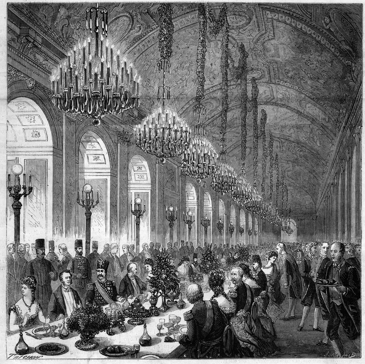 Nasir Al-Din (Nasser al-Din) (1831-1896) Shah från Persien till Versailles. Bankett i ishallen. till vänster om honom Albert, hertig av Broglie (1821-1901). av French School