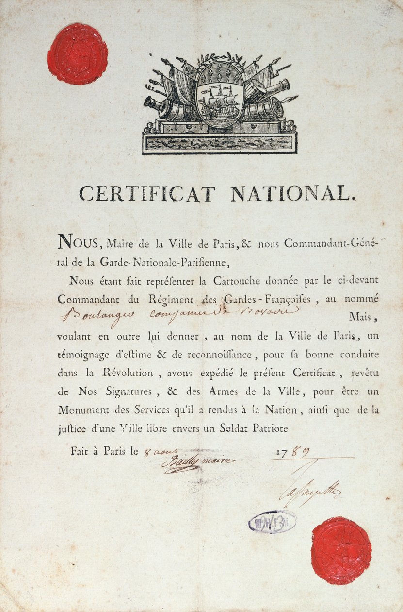 Nationellt intyg om gott uppförande under den franska revolutionen, 8 augusti 1789 i Paris av French School