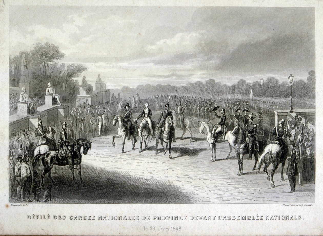 Nationalgardets soldater skyddar nationalförsamlingen i Paris. Gravyr under den franska revolutionen 1848 (gravyr) av French School