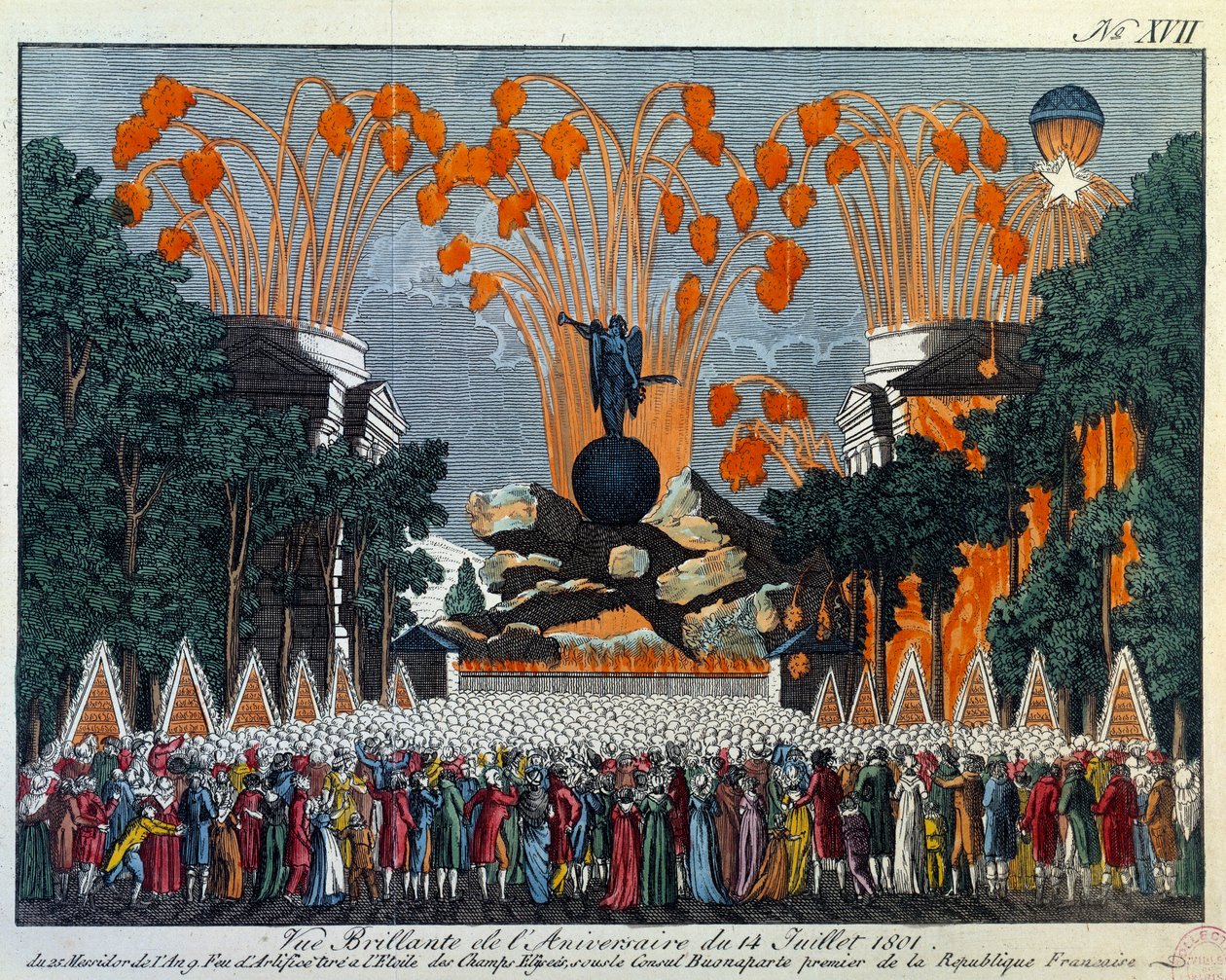 Nationalfesten den 14 juli 1801 på Champs Elysees, Paris: Fyrverkeri äger rum av stjärnan på Champs Elysees i Paris. Tryck från 1801 Paris, Musee Carnavalet av French School
