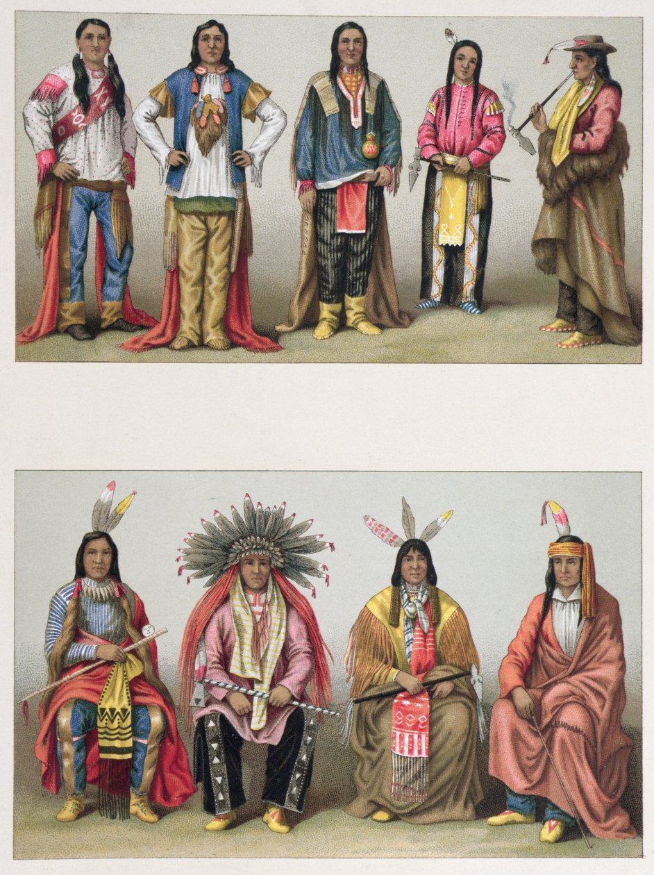 Indianer från Mississippi Basin och från Colorado, illustration från Le Costume Historique av A. Racinet, publicerad i Paris 1888 av French School