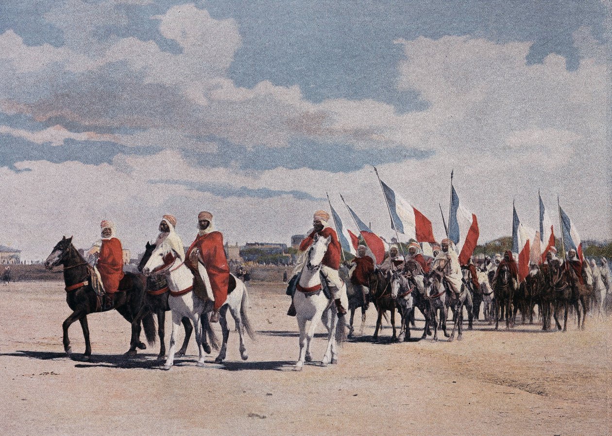 Infödda Spahis går till en fantasi med stor pompa, utplacerade banderoller - i "" Military Album" - Spahis av French School
