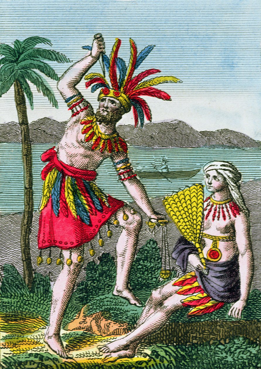 Infödda invånare på Marquesasöarna, illustration från Histoire des Voyages Autour du Monde av J. Dufay, publicerad av Courvalet & Co., Paris, 1826 (färgstick) av French School