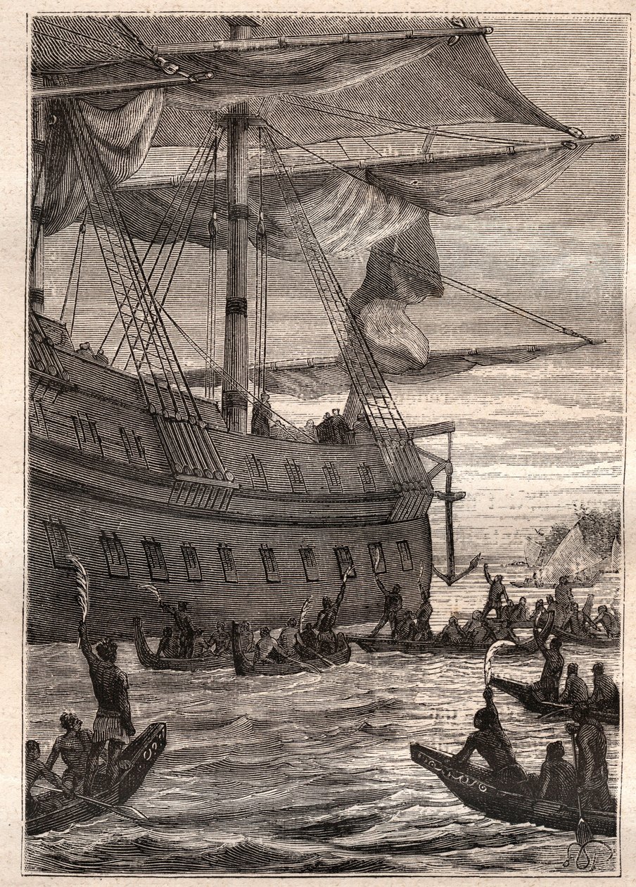 Ursprungsbefolkningen höll bananträdens grenar i handen: Samuel Wallis resa (1728-1795) till Polynesien - ursprungsbefolkningen som håller bananens grenar som en välkomsthälsning - illustration hämtad från "The Great Mariners of the 18th century"" av French School