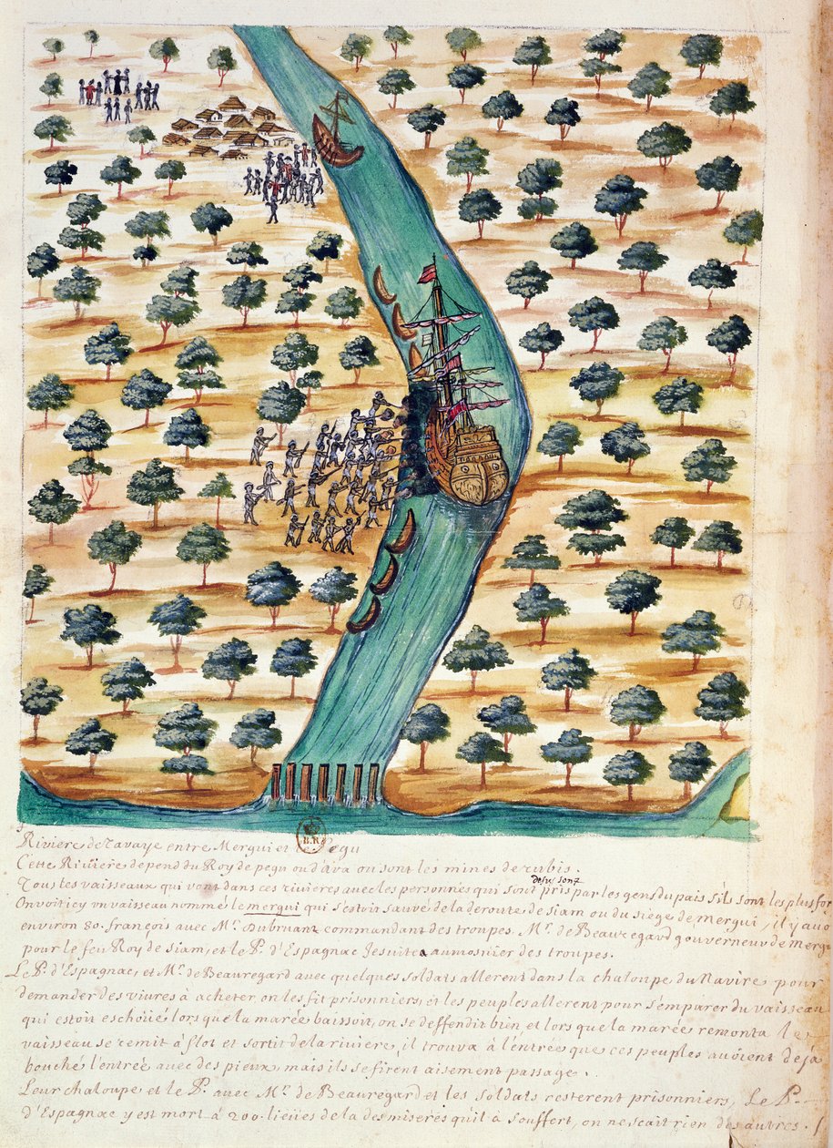 Infödda som attackerar franska skepp på floden Tavoy, från en redogörelse för jesuiterna i Siam, 1688 (wc på papper) av French School
