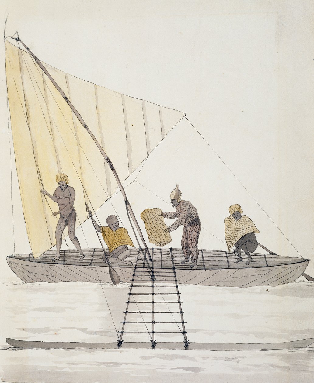 Infödda från Iles Basses och balanserad segelkanot, akvarell av Jules-Louis Lejeune, från Duperrey