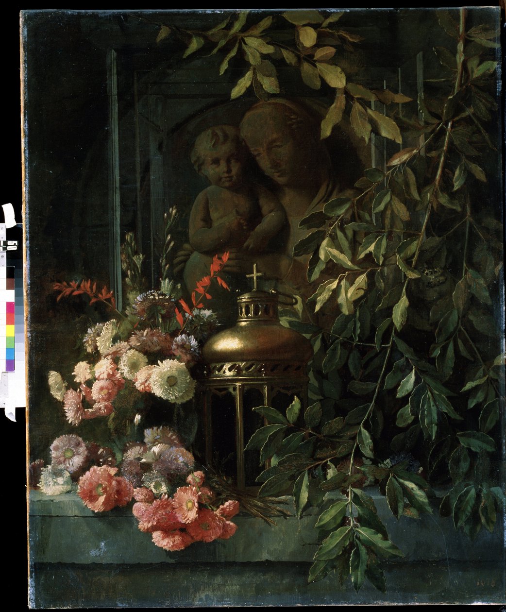""Still life"" (Madonna med barn, lykta, blommor (inklusive nejlika) Målning av den franska skolan 1800-talet. Mikhail Kroshitsky Art Museum, Sevastopol (Sevastopol) Ukraina av French School