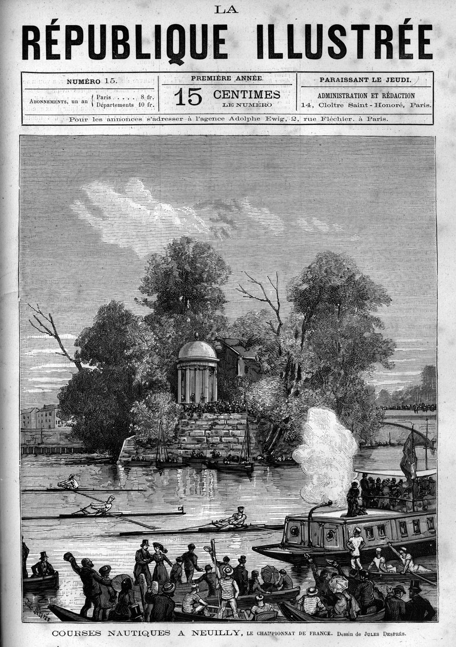 Nautiska kapplöpningar: Franska roddmästerskapen anordnas på Seine mot Ile de la Grande Jatte i Neuilly. En tidning. Gravyr från 1880 i "La republique illustree"" privat samling. av French School