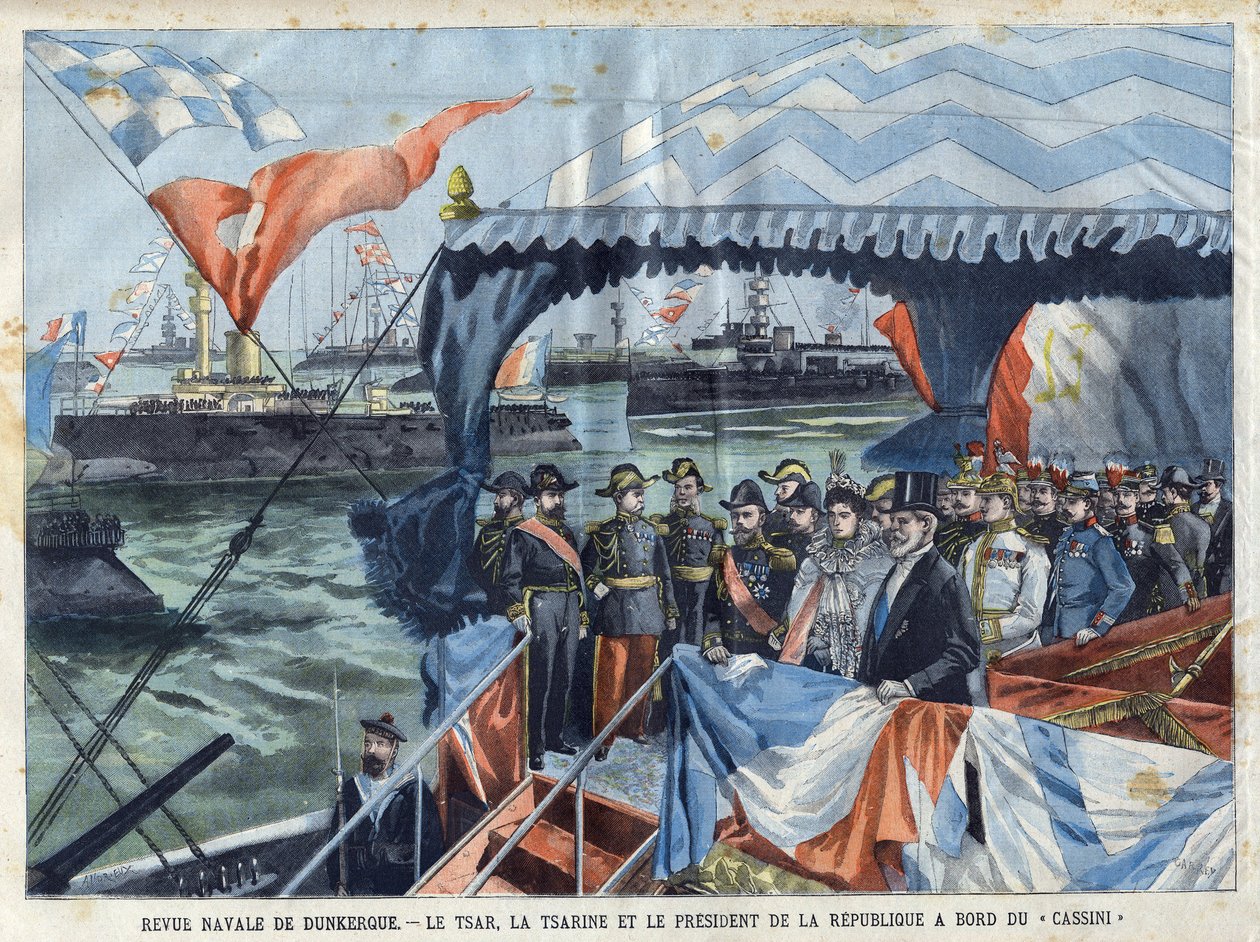 Naval Review of Dunkirk: Tsar Nicholas II (1868-1918), Tsarina Alix of Hessen and the Rhen (eller Alexandra Feodorovna av French School