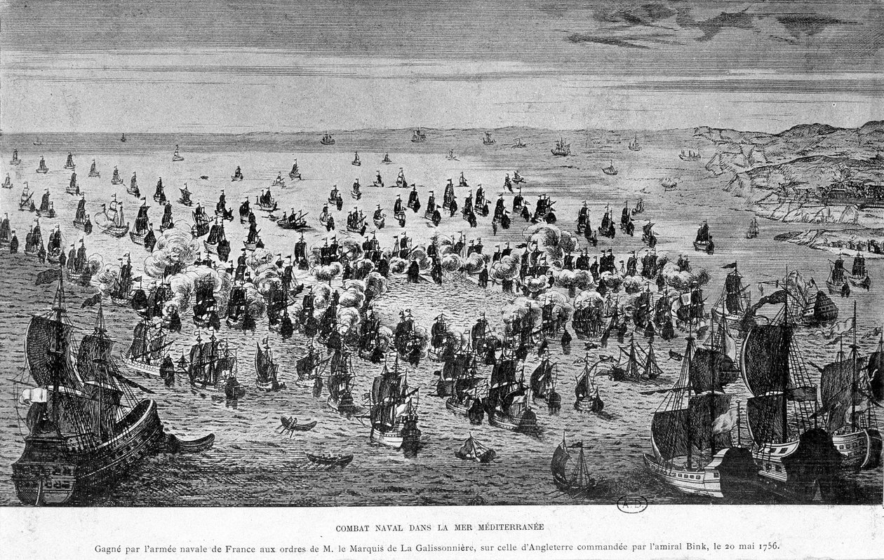 Sjöstrid vid Medelhavet, vunnen av Frankrikes sjöarmé på order av markisen de La Galissonnière, över den i England under befäl av amiral Bink, 20 maj av French School