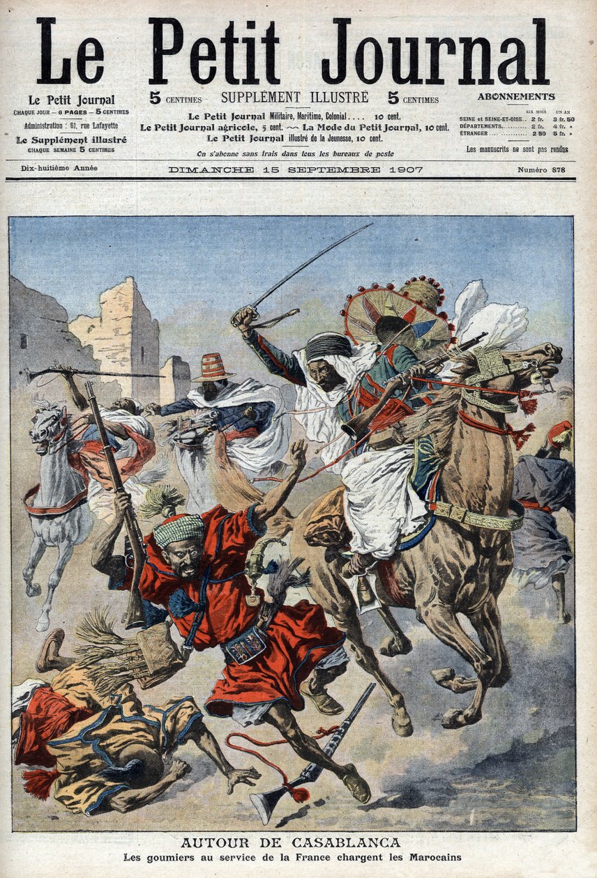 Nära Casablanca laddar goumiers mot marockanerna, illustration från "Le Petit Journal", tillägg illustrerande av French School