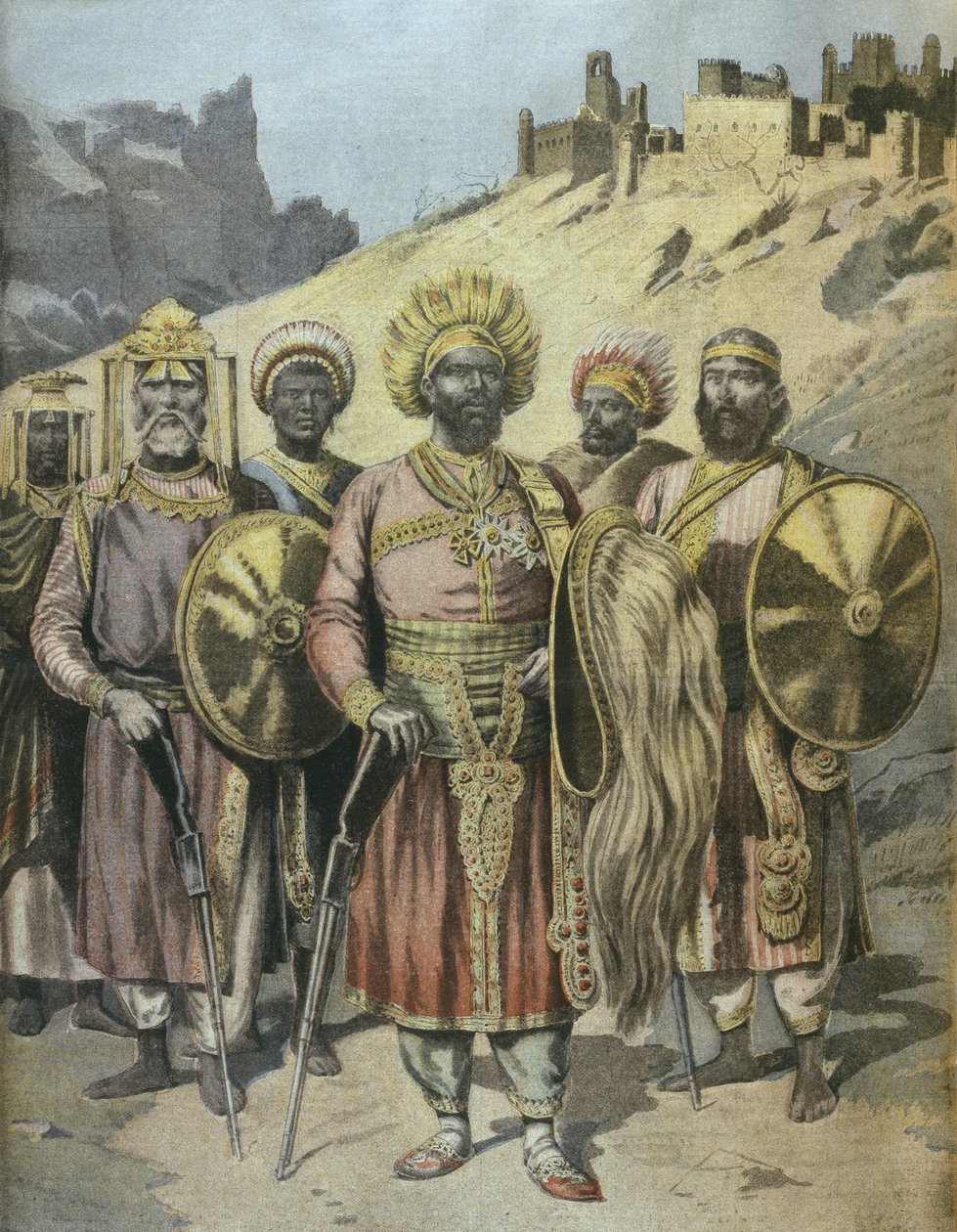 Negus of Abyssinia, Menelik II (1844-1913) illustration från Le Petit Journal, november 1895 av French School
