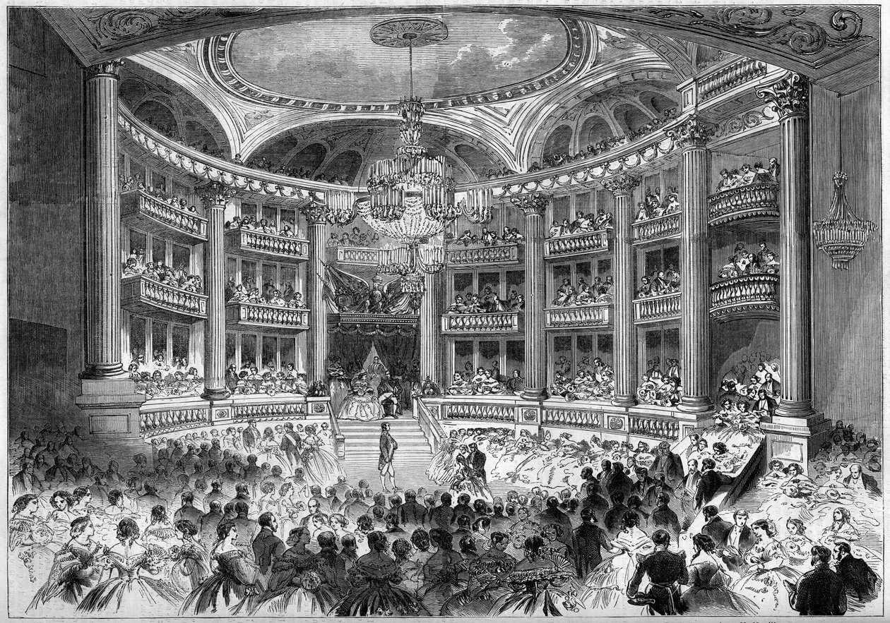 Neo-klassisk arkitektur: utsikt över hallen i Grand Theatre of Bordeaux (1773-1780) med anledning av balen som gavs för besöket av kejsar Napoleon III och imponen Eugenie de Montijo. Bordeaux, Gironde (33) av French School