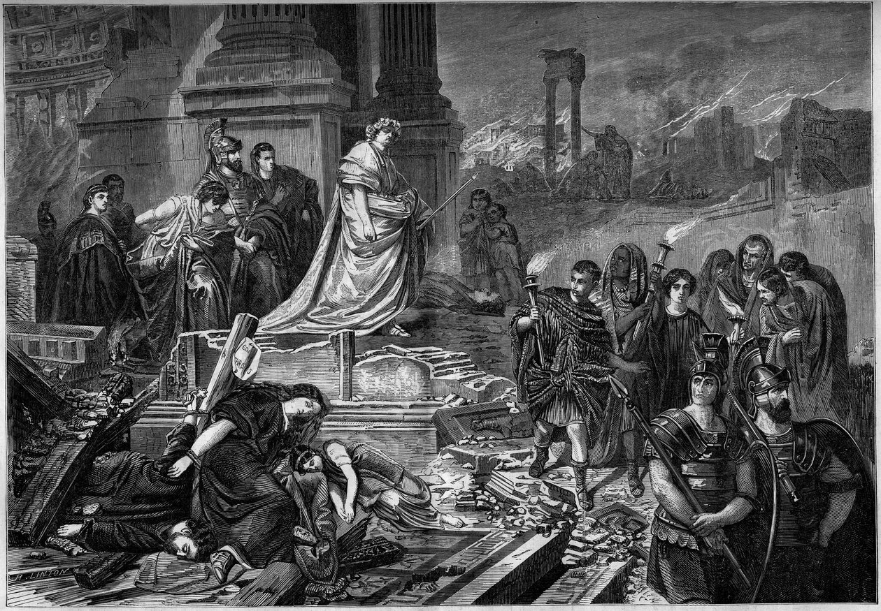 Neron efter branden i Rom 64. Gravyr efter målningen av Karl Theodor von Piloty (1826-1886). I "" Le Monde Illustré"" nr 283 av 13 september 1862. av French School