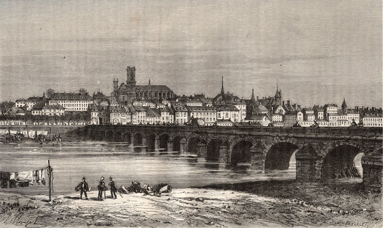 Nevers - Nievre en region Bourgogne - gravyr i "La France illustree: geografi, historia, statistisk administration" av V.-A. Malt-brunt. 1884 av French School