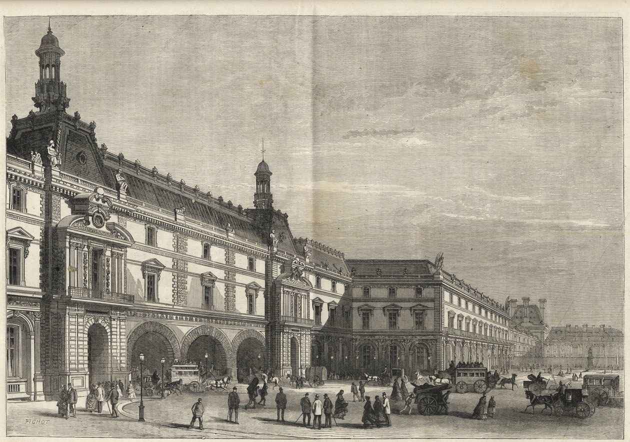 Nya byggnader av Tuilerierna på Place du Carrousel (gravyr) - Den nya Louvren - fasad på sidan av Place du Carrousel och Salle des Etats - gravyr från 1869 av French School