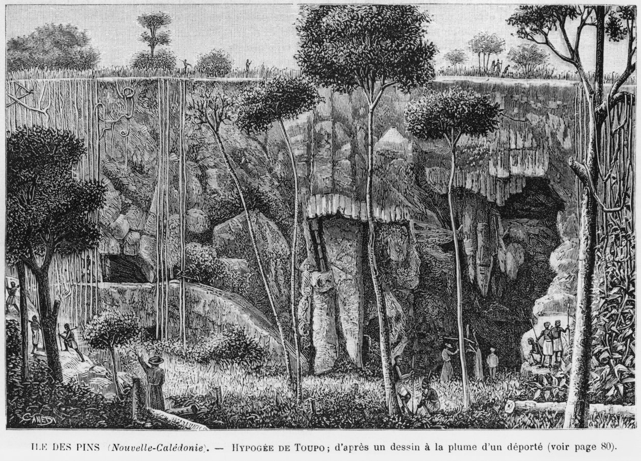 Nya Kaledonien, Isle of Pines, Hypogeum of Toupo, efter en penn- och bläckteckning av en deporterad, illustration från bulletinen Les Missions Catholiques, 1893 av French School