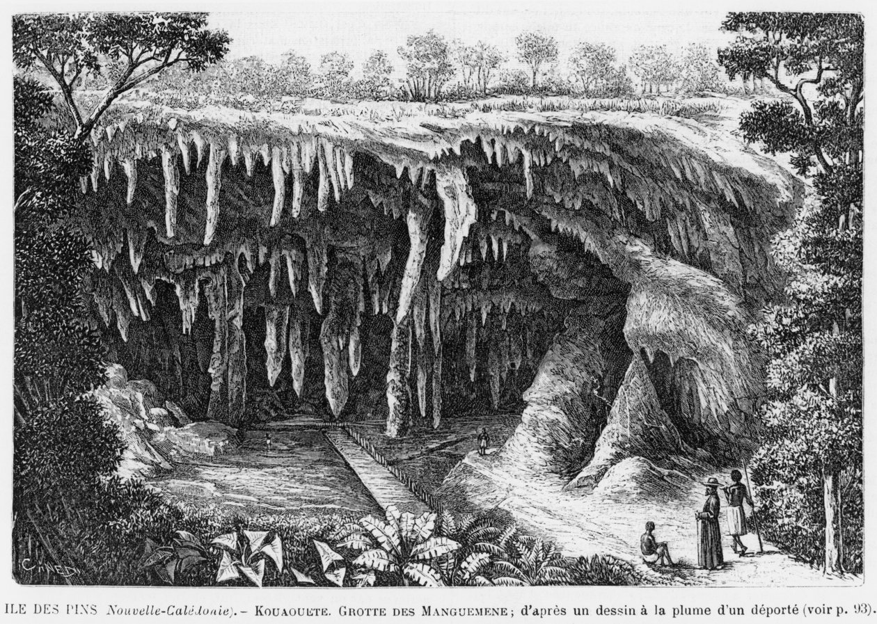 Nya Kaledonien, Isle of Pines, Kouaouete, Manguemene grotta, illustration från bulletinen Les Missions Catholiques, efter en ritning med penna och bläck av en deporterad, 1893 av French School