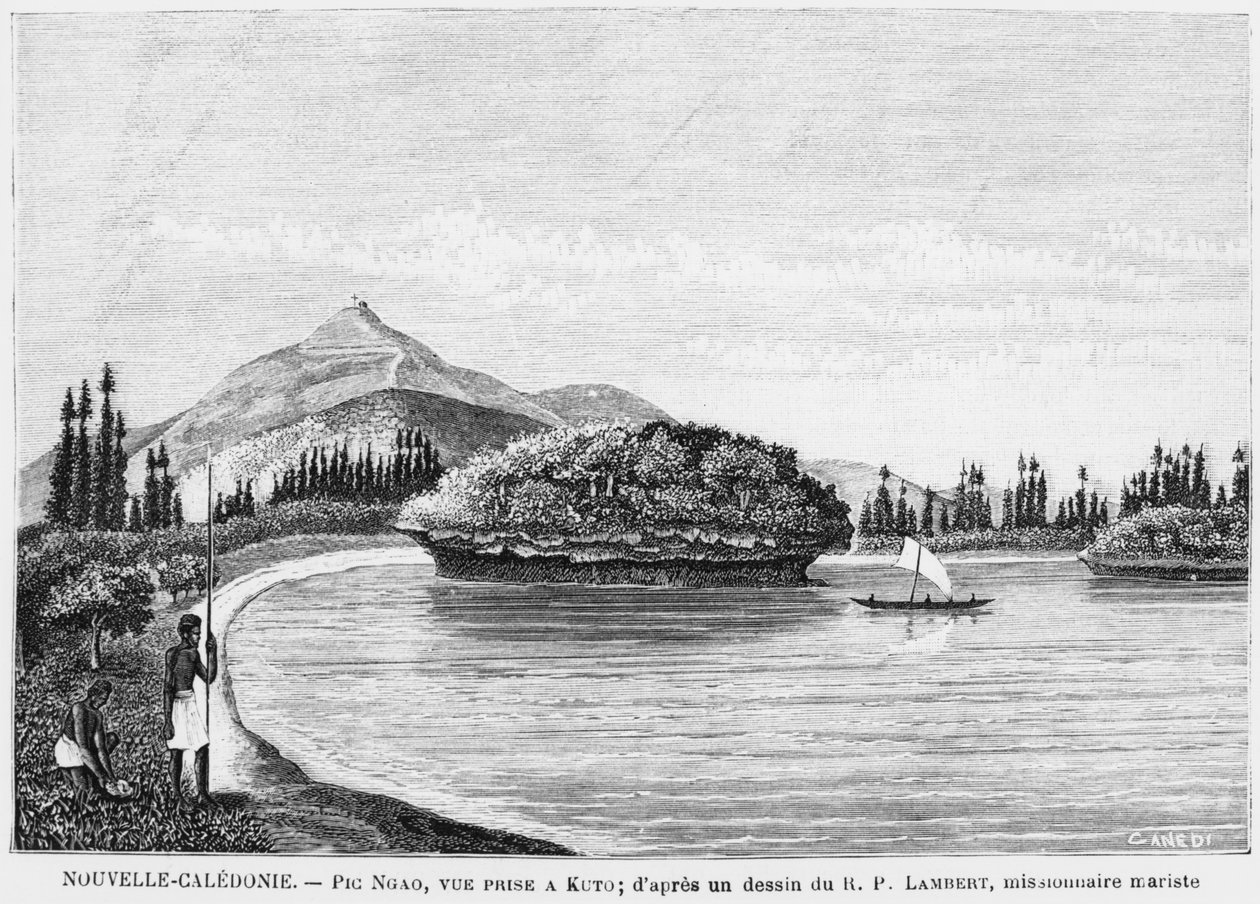 Nya Kaledonien, Isle of Pines, Pic Nga sett från Kuto, efter en teckning av pastor Lambert, en maristmissionär, illustration från bulletinen Les Missions Catholiques, 1893 av French School