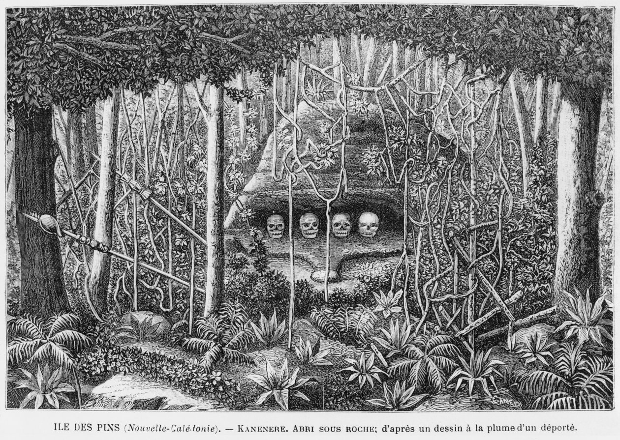 Nya Kaledonien, Isle of Pines, ett skydd i klipporna, efter en ritning med penna och tusch av en deporterad, illustration från bulletinen Les Missions Catholiques, 1893 av French School