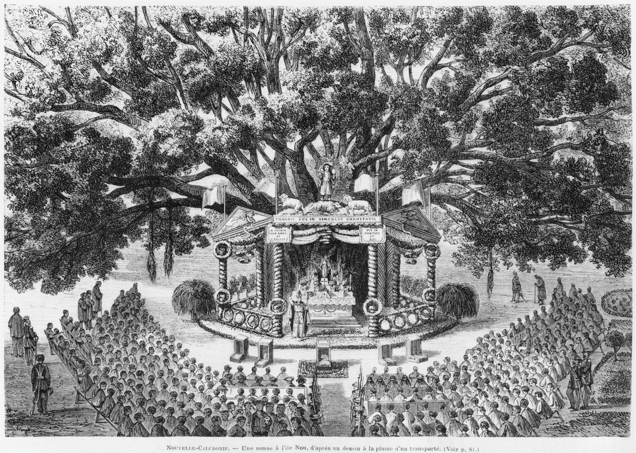 Nya Kaledonien, firar mässa på ön Nou, efter en ritning med penna och bläck av en transporterad illustration från bulletinen Les Missions Catholiques, 1875 av French School