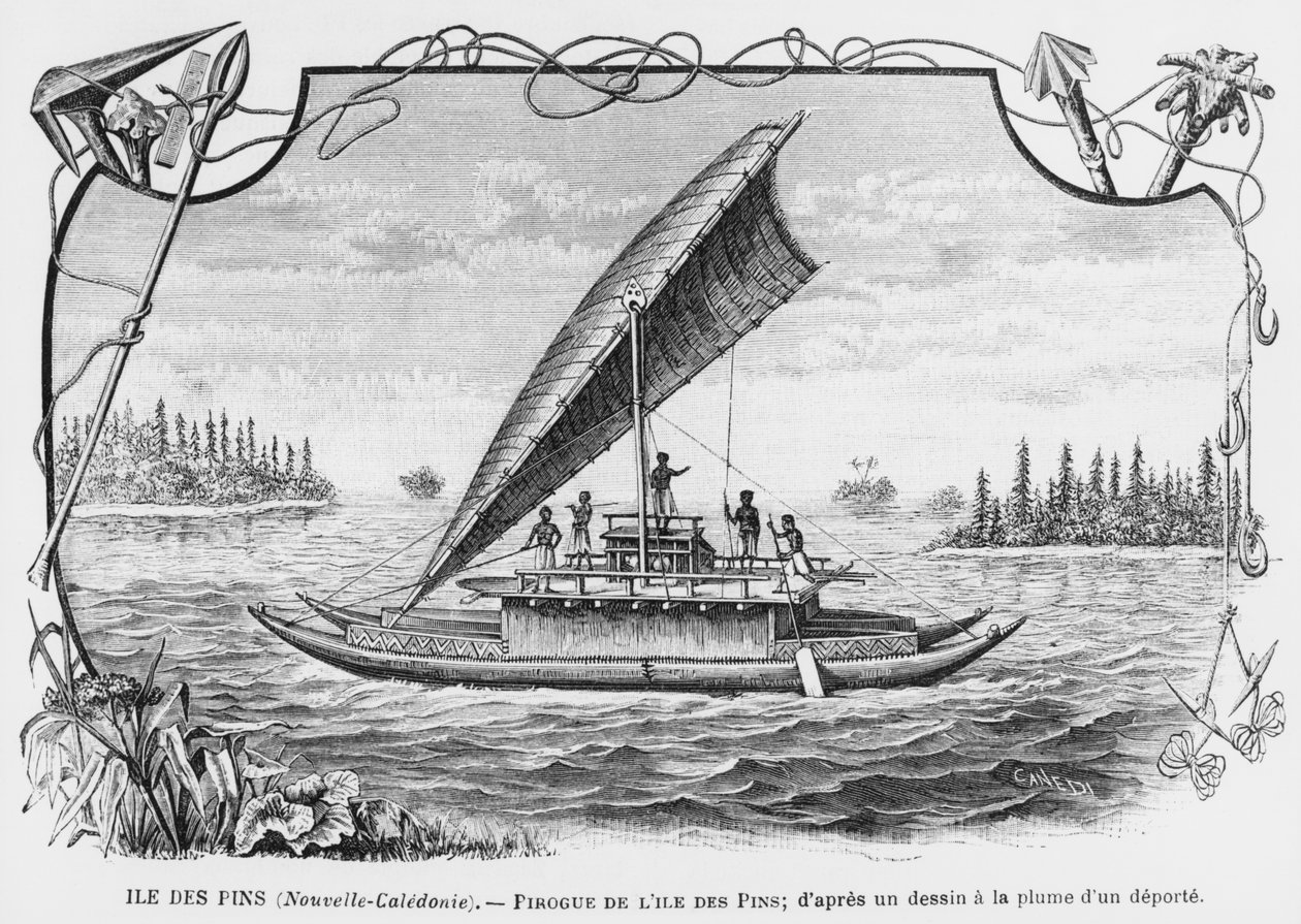 Nya Kaledonien, pirogen på Isle of Pines, efter en penn- och bläckteckning av en deporterad, illustration från bulletinen Les Missions Catholiques, 1893 av French School