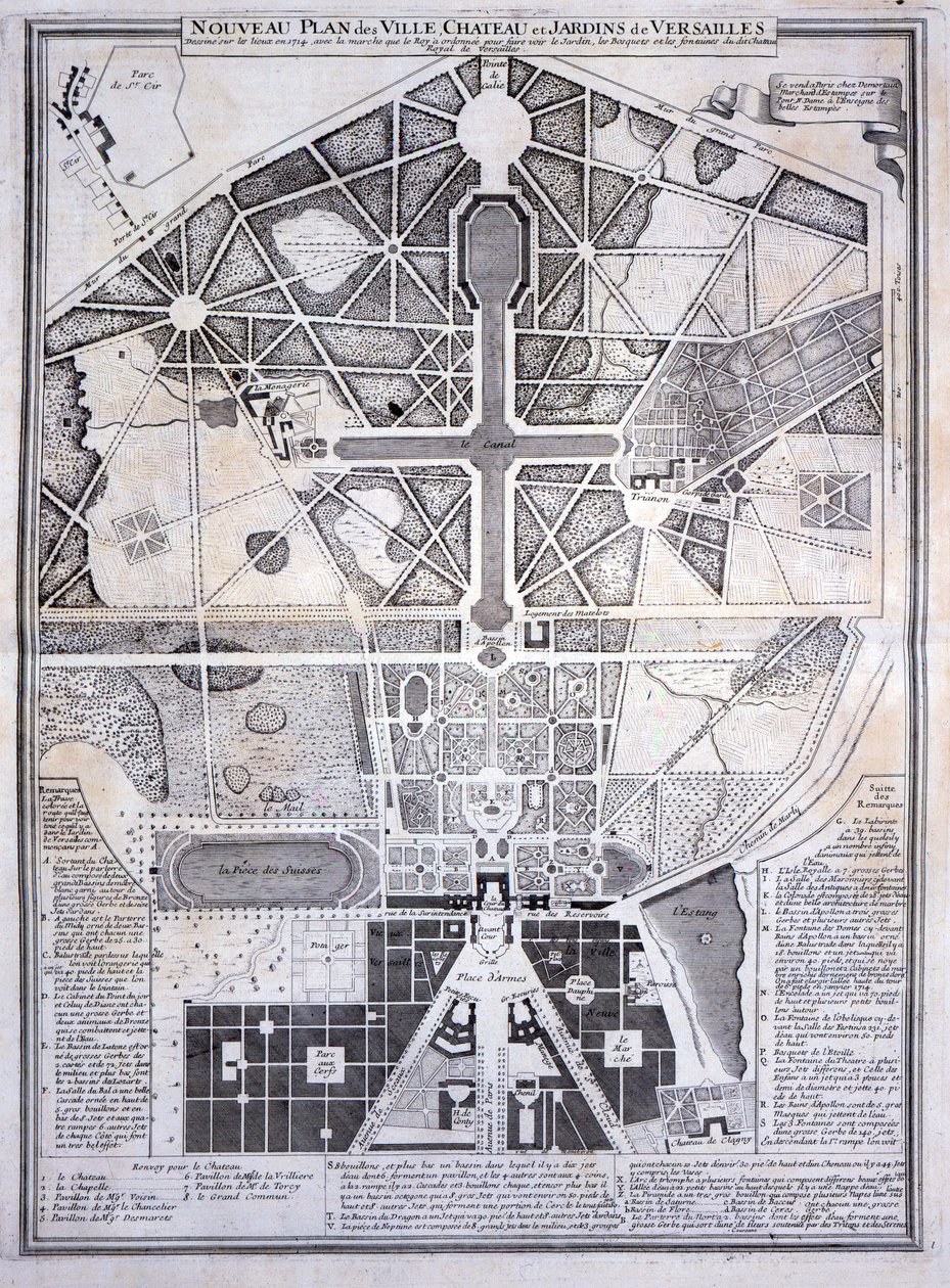 Ny plan för staden, slottet och trädgårdarna i Versailles, 1714, från Les Plans, Profils et Elevations des Villes et Chateau de Versailles, publicerad c.1715 av French School