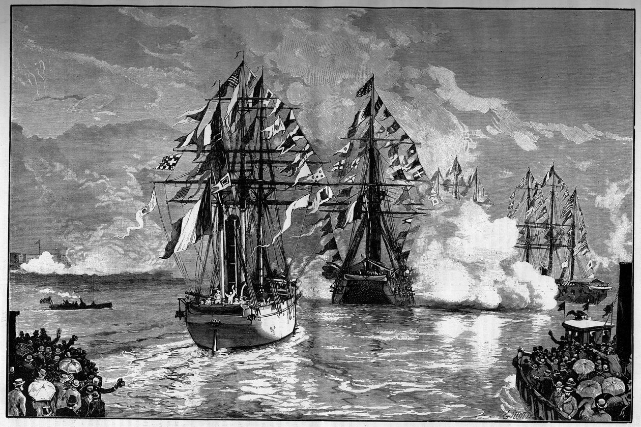 New York: ankomst till hamnen i staden av det franska fartyget "Isere" som bär Frihetsgudinnan av Frederic Auguste Bartholdi (1834-1904), 19 juni 1885. Gravyr i ""Le Monde Illustre"" av French School