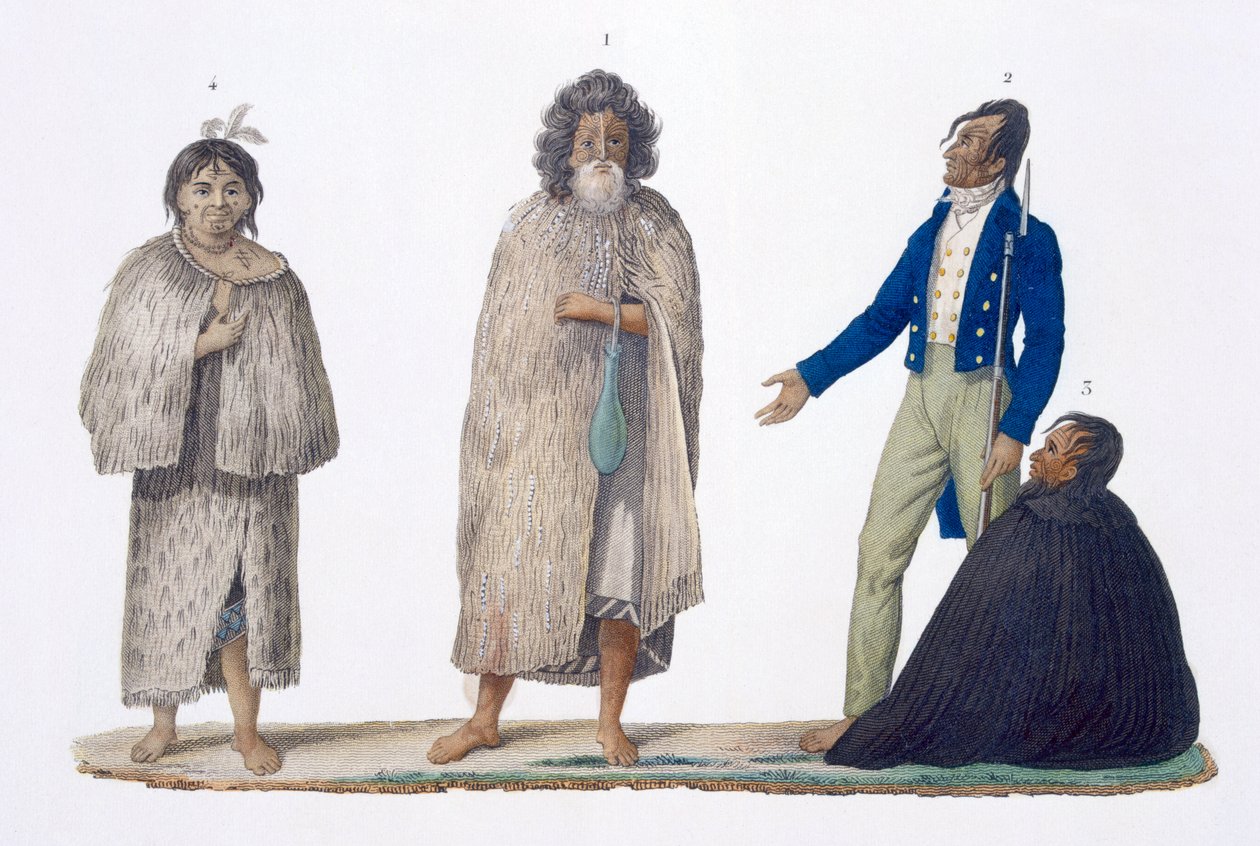 Nya Zeelands infödda i inhemsk och västerländsk klädsel, 1826 av French School