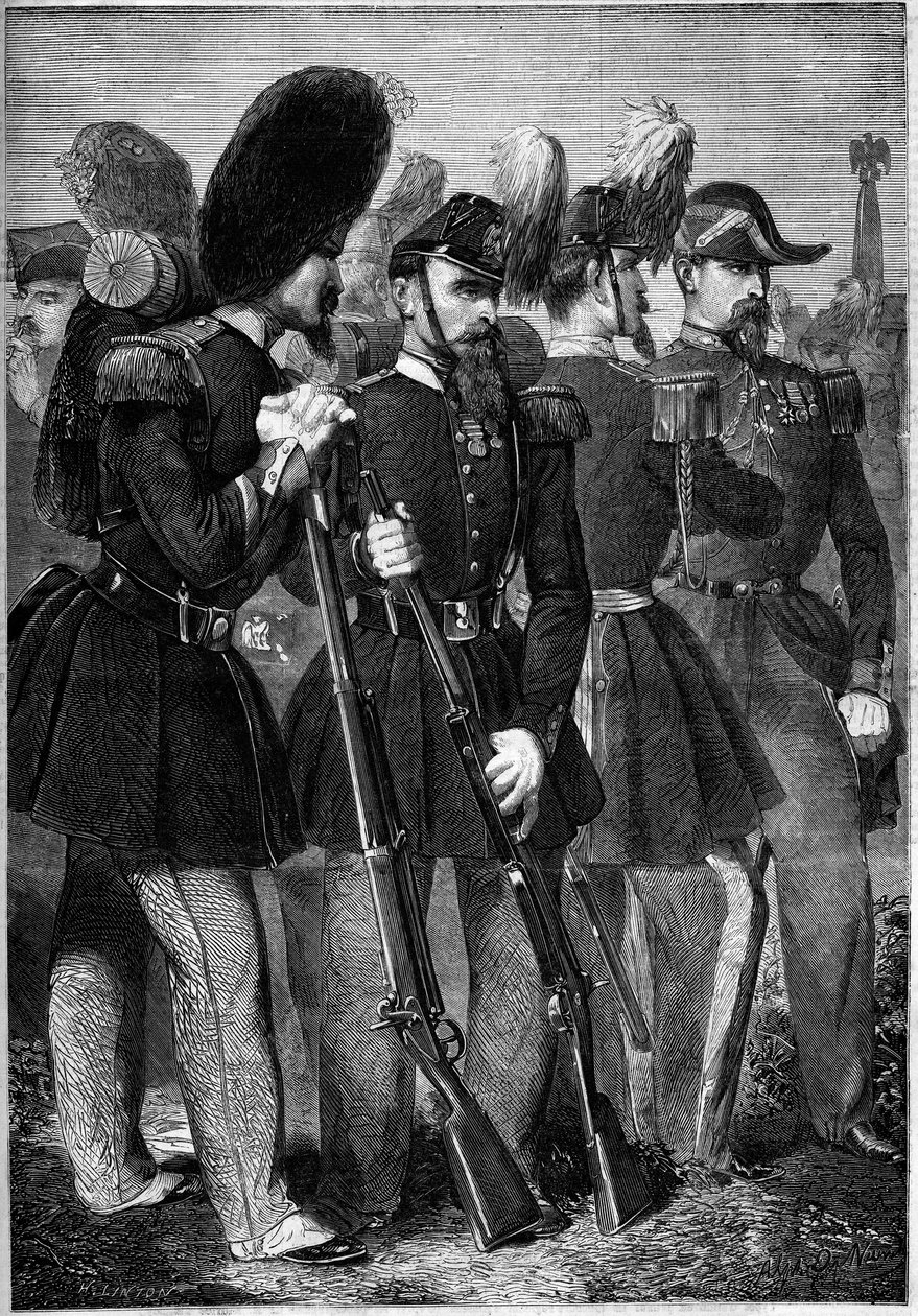 Nya uniformer för det franska imperialgardet 1860. Gravyr i "" Le Monde Illustré"" nr 165 av 9 juni 1860. av French School
