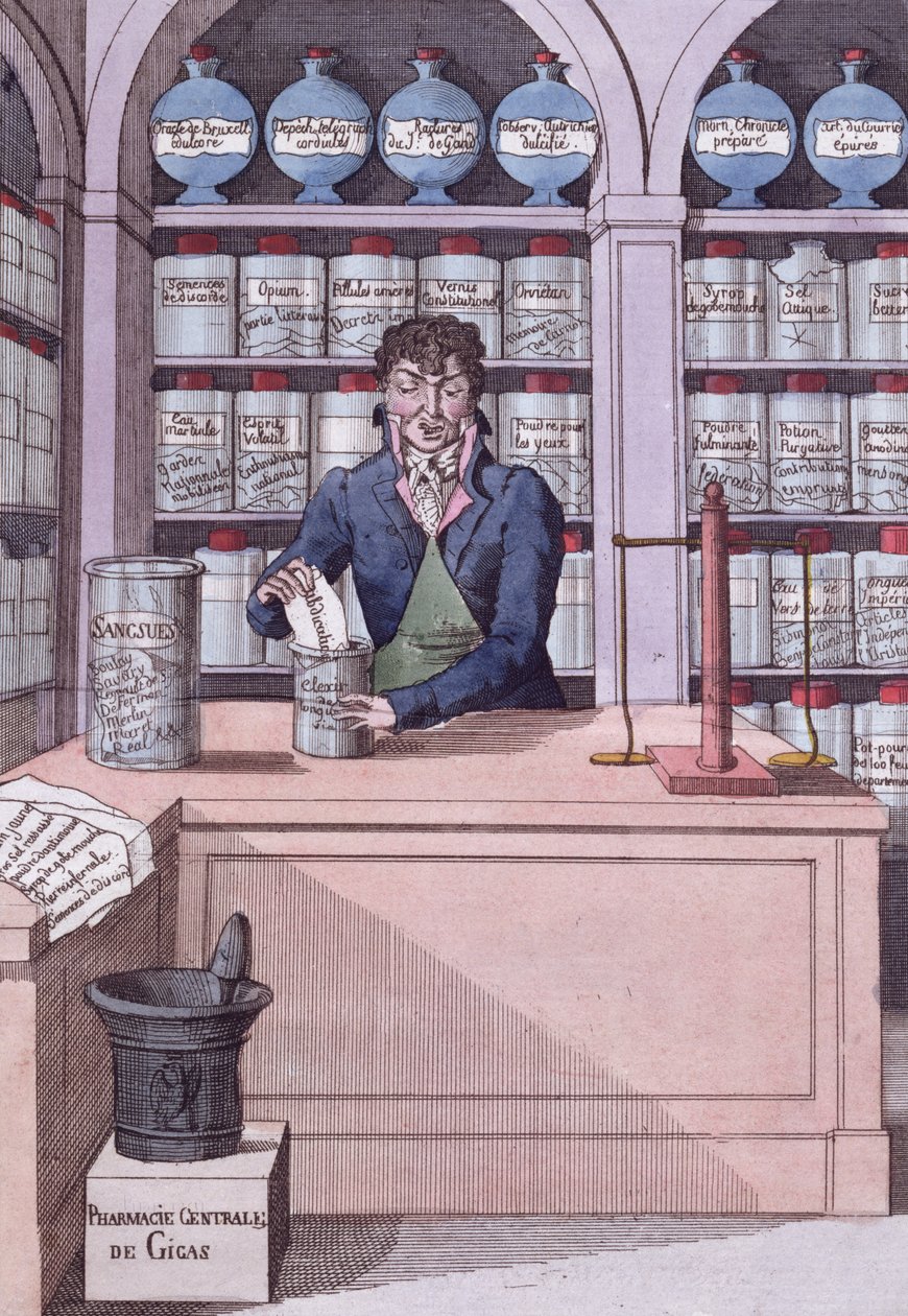 Tidningsdispenser under Napoleon, eller kemisten akademiker, tecknad serie som föreställer pressen krossad av Napoleon (färgstick) av French School