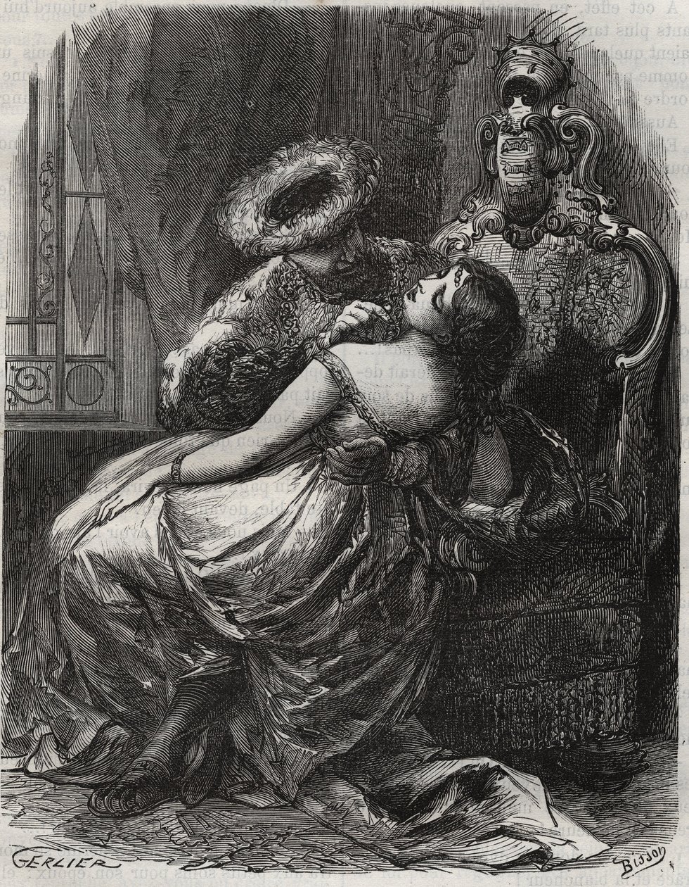 Fin hals! Att en bödel gärna skär av honom! Kung Henrik VIII av England (1491-1547) med sin hustru Catherine Parr (1512-1548). Gravyr från 1871 i "Histoire Des Cocus Celebres"" av Henry de Kock (1819-1892). av French School