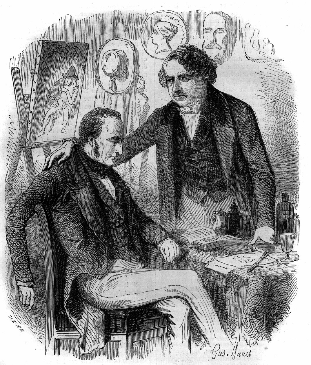 Nicephore Niepce (1765-1833) och Louis Daguerre (1787-1851), franska uppfinnare, pionjärer inom fotografi. Gravyr från 1852. av French School