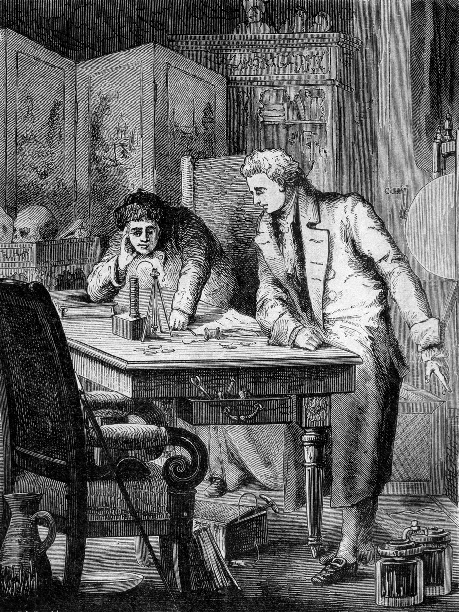 Nicholson och Carlisle, i London, sönderdelar vatten i högen av volta (hög av Alessandro (Alexandre) Volta), 2 maj av French School