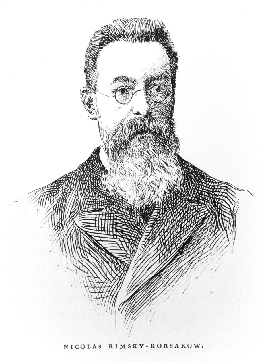 Nikolai Andrejevitj Rimsky-Korsakov (1844-1908), illustration från Musikens historia i Ryssland av Albert Soubies, publicerad i Paris, 1898 av French School