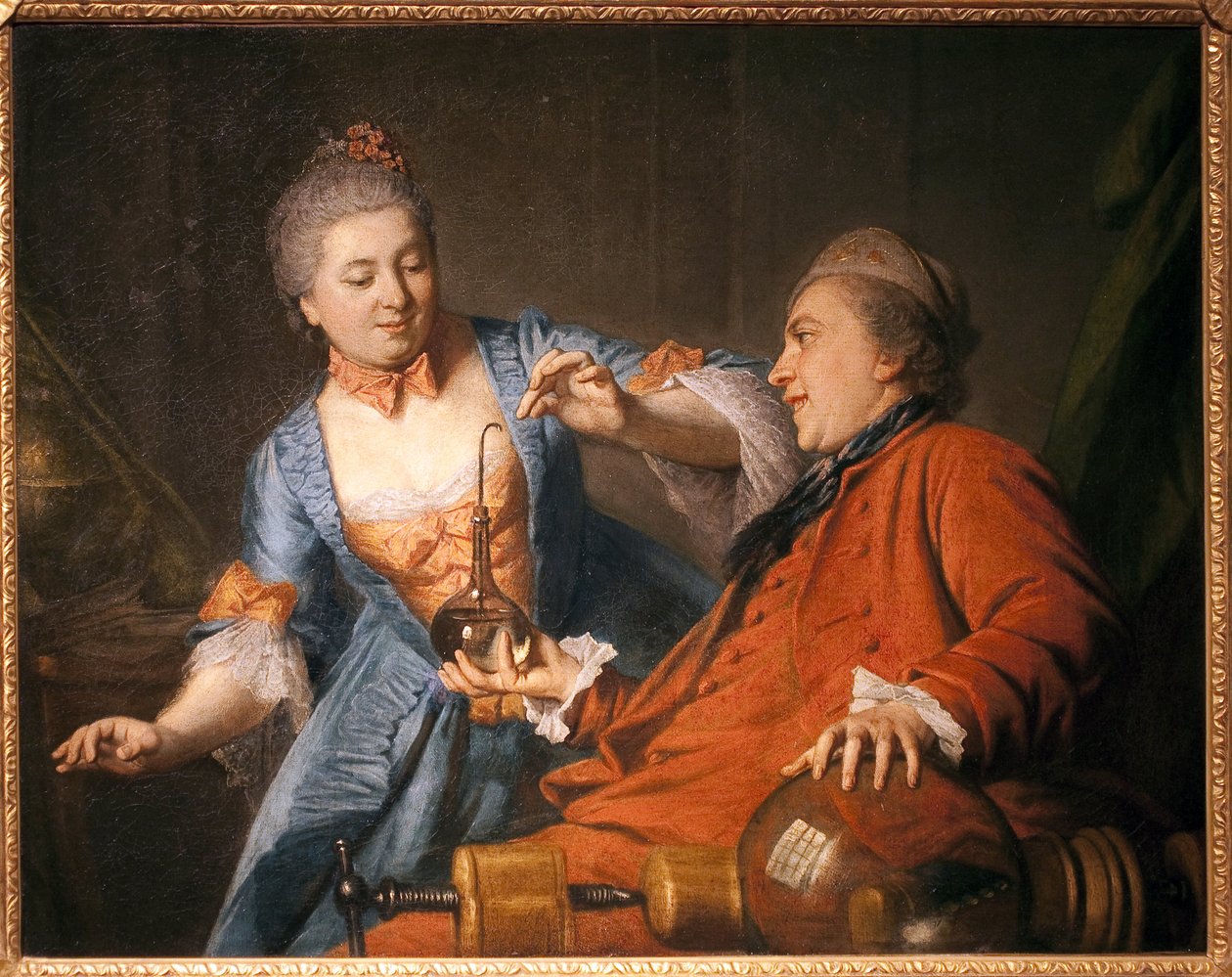 Nicolas Bergeat (1733-1815) och Madame de Maisoncel gör ett experiment i fysik. Målning av en anonym remois, olja på duk av French School