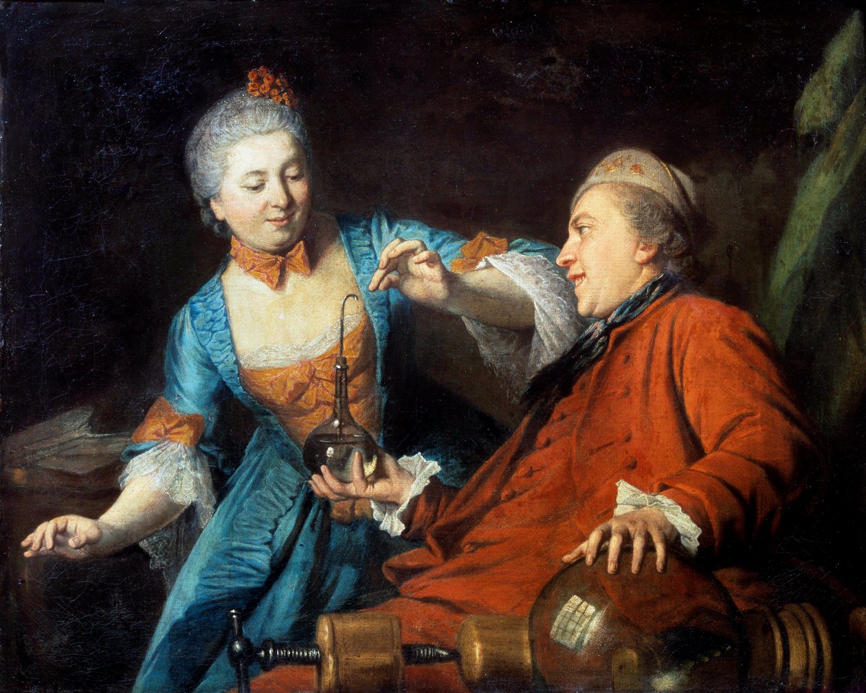 Nicolas Bergeat (1733-1815) och Madame de Maisoncel gör ett experiment i fysik Anonym målning av den franska skolan. 1770. Reims, Konstmuseet av French School