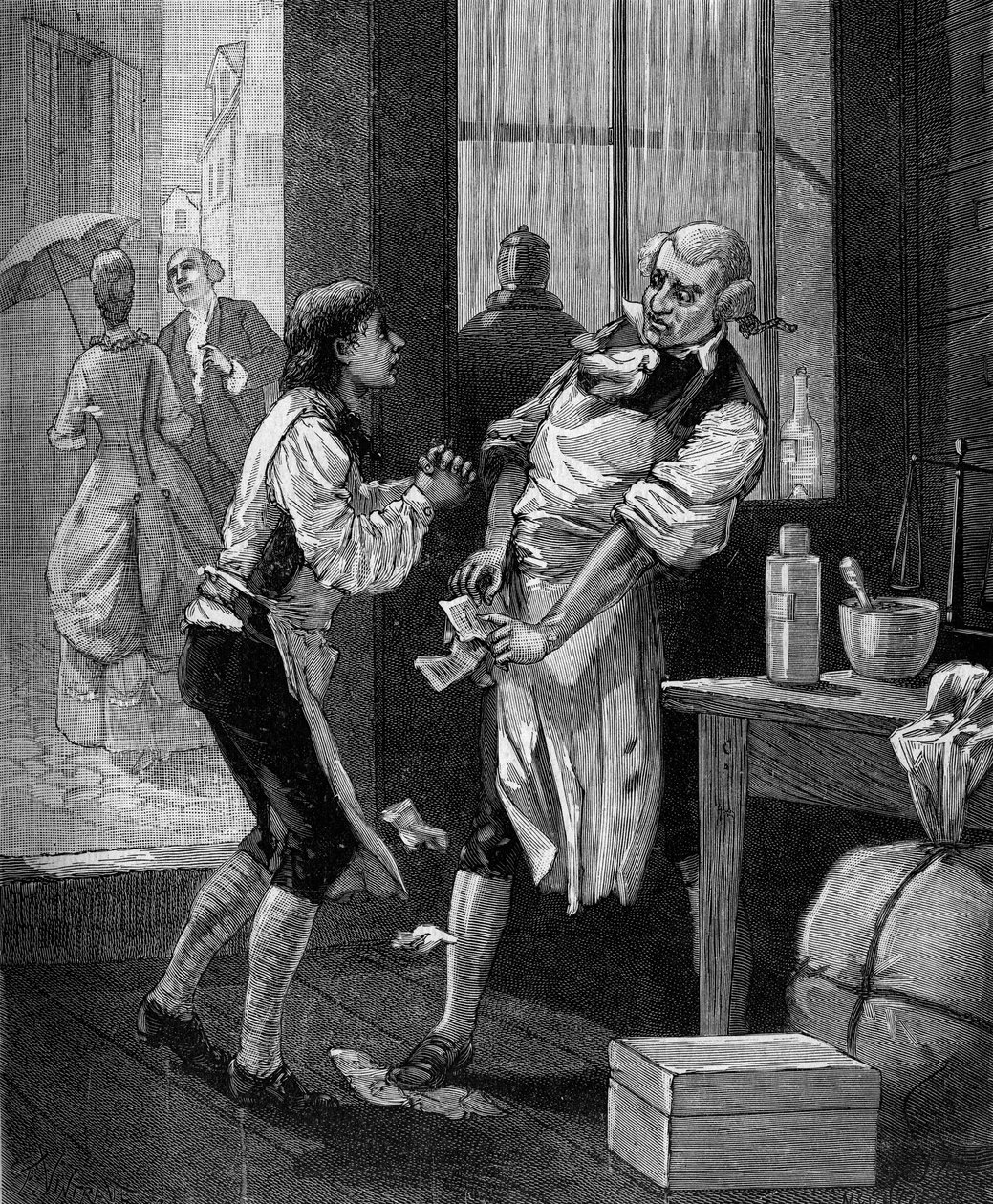 Nicolas Louis Vauquelin, en fransk kemist (1763 - 1829) arbetade först på ett apotek. i "Histoire populaire des sciences, uppfinningar och upptäckter från de första århundradena till våra dagar" av Bitard Adolphe 1880. av French School