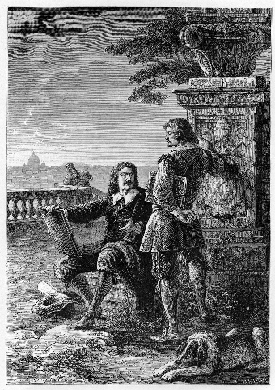 Nicolas Poussin (1594-1665), fransk målare, med Claude Gellee, dit le Lorrain (1600-1682) i Rom (Trinita dei Monti) gravyr från "" Frankrikes historia berättad för mina barnbarn""" - av Francois Guizot - 1872-1876 av French School