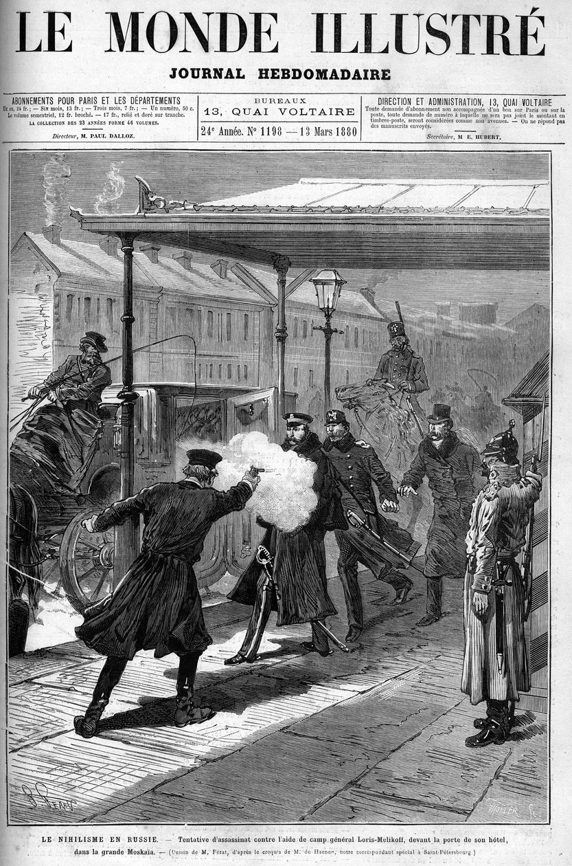 Nihilism i Ryssland - mordförsök mot aide de Camp, general Loris Melikoff, utanför dörren till hans hotell i stora Moskaia. Omslag till ""The Illustrous World"", mars 1880. av French School