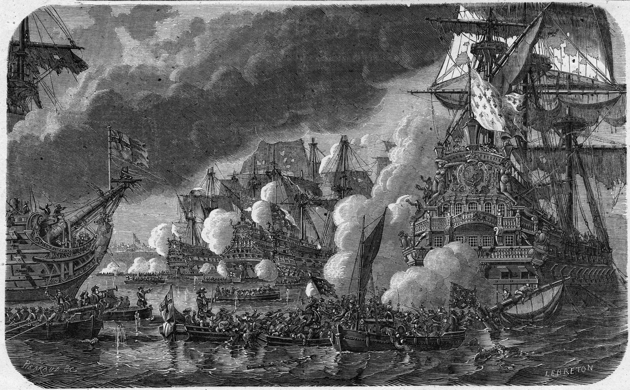 Nioåriga kriget (Augsburgs förbunds krig) (1688-1697): Slaget vid Hougue den 19/05/1692 mellan den engelsk-nederländska flottan och den franska flottan av viceamiral Anne Hilarion av Costentin (Cotentin) , greve av Tourville (1642-1701). Hon såg nederlaget av French School