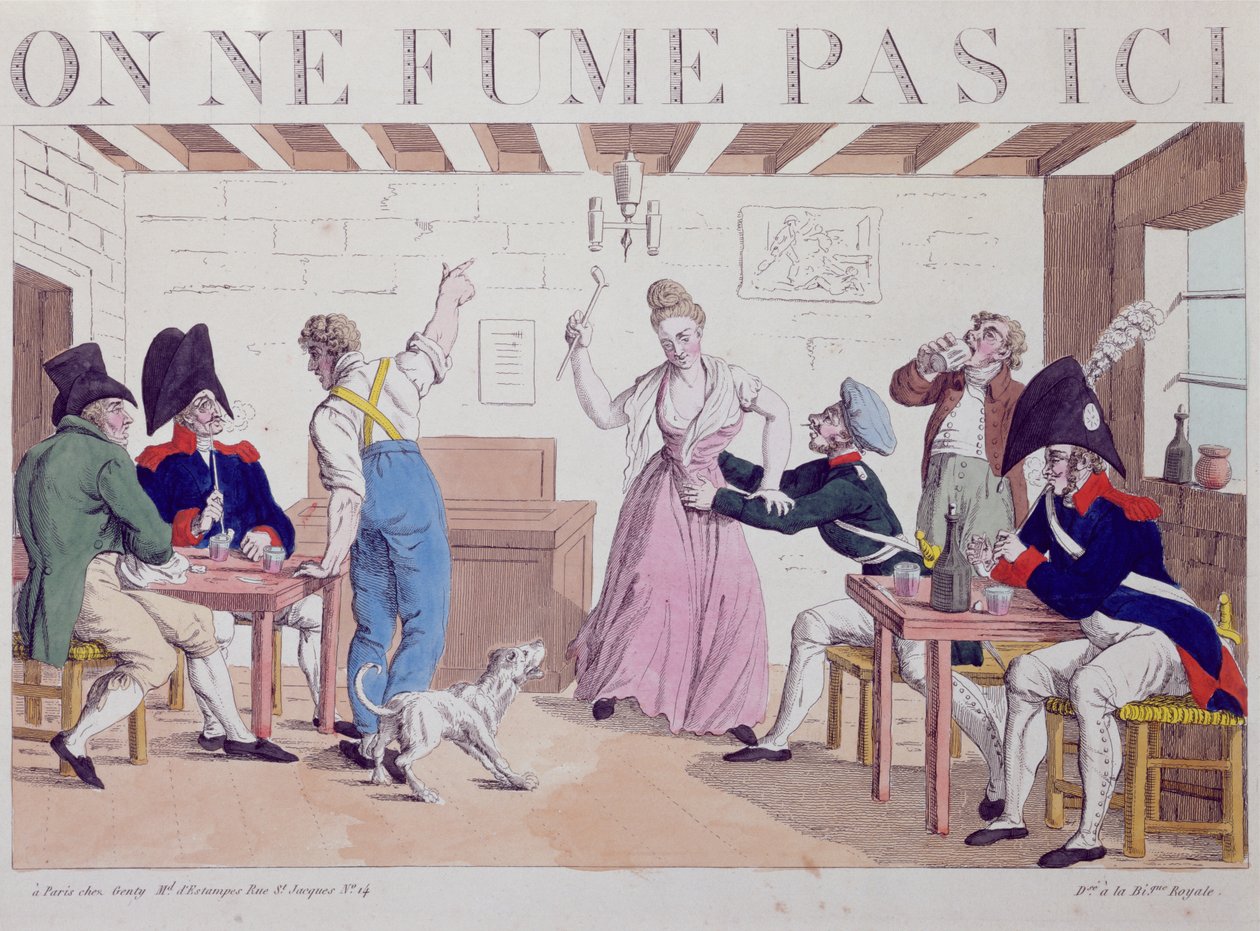 Ingen rökning karikatyr mot närvaron av de allierade trupperna i Paris, 1815 (färgstick) av French School